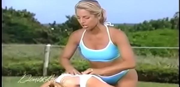  Jerkoff to Denise Austin in sky blue 2 piece with beat
